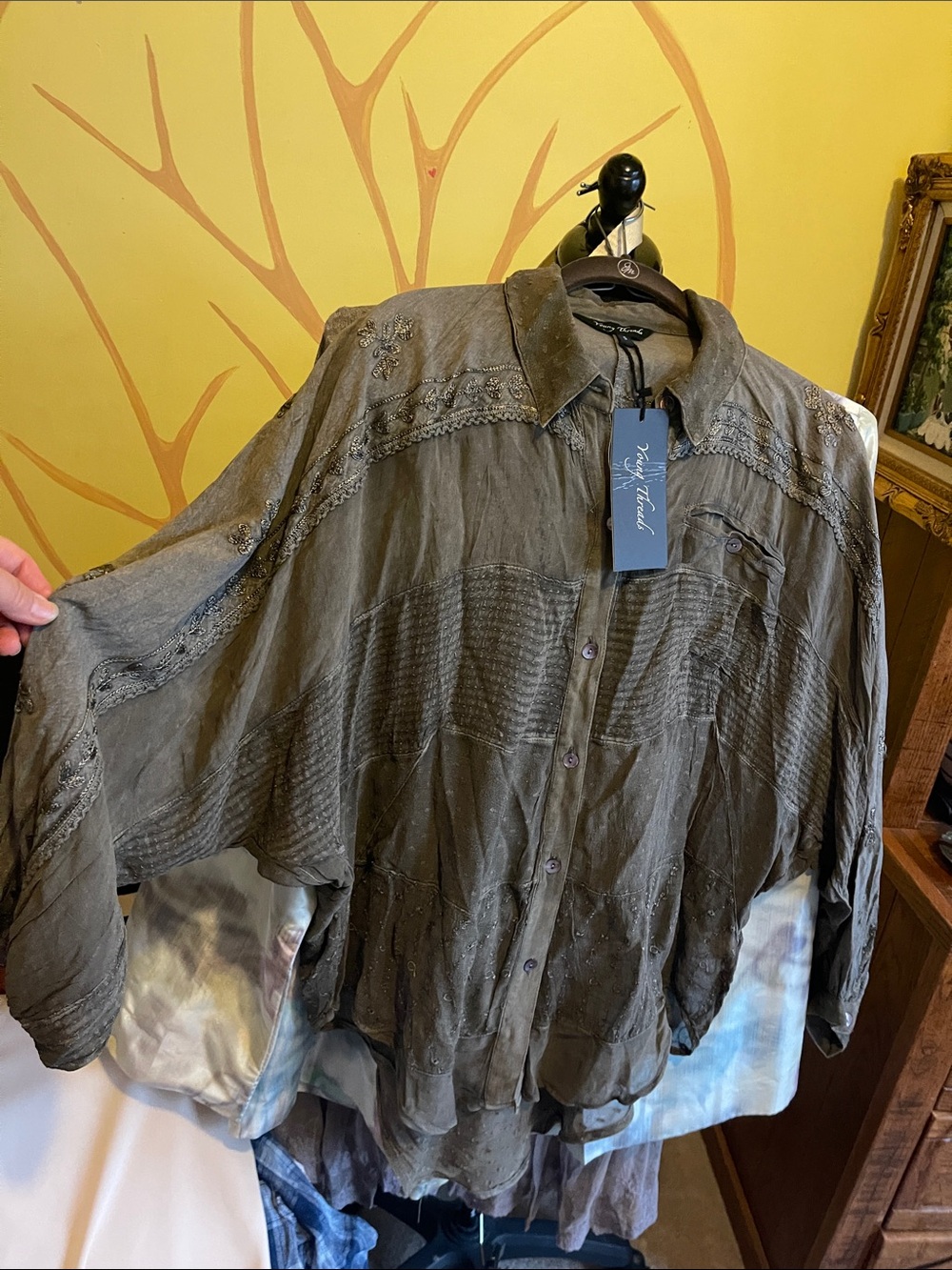 Vintage-Style Olive Green woman’s Button-Up Shirt -Small